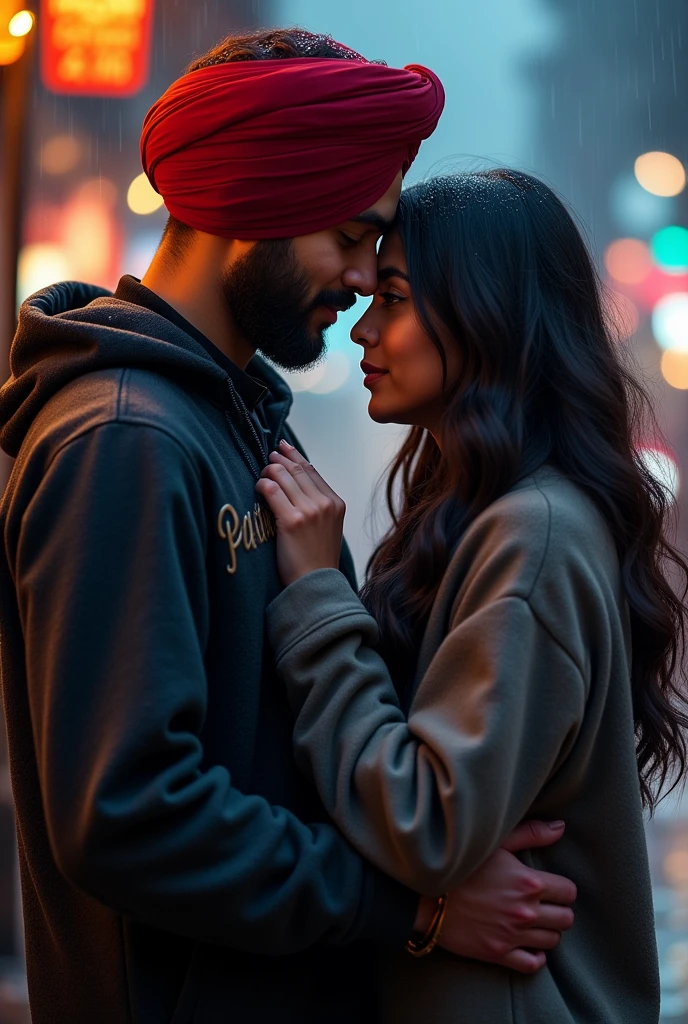a20years punjabi boy sir pe lal coolar ki turban pero me jute black coolar ke or hoodie pehan ke rakhi ho or hoodie pe name likha ho poorav ek pass me punjabi girl khadi ho hath pakad
Rain backgruand kbord pe name likha ho ,poorav and or The name of two people is written in the back of the Bod.in poorav and simran, me bethe ho dono girl and boy night rain