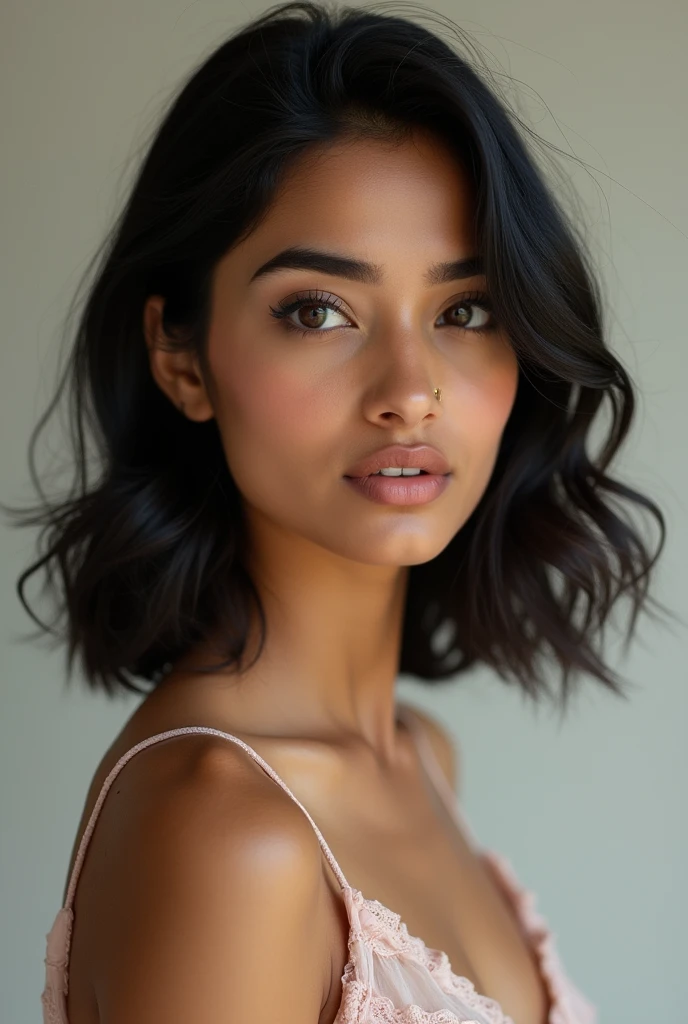 Generate a full image of a Indian girl, who is 19 yrs old, 163 cm hight and 51 kg weight. Rectangular body shape, heart or oblong face shape, almond eyes with thick eyelashes and eyebrows, has thin lips, wide nose, 2a wavy black hair with medium long which touches till chest, almond indian skin tone, boobs size of 34 