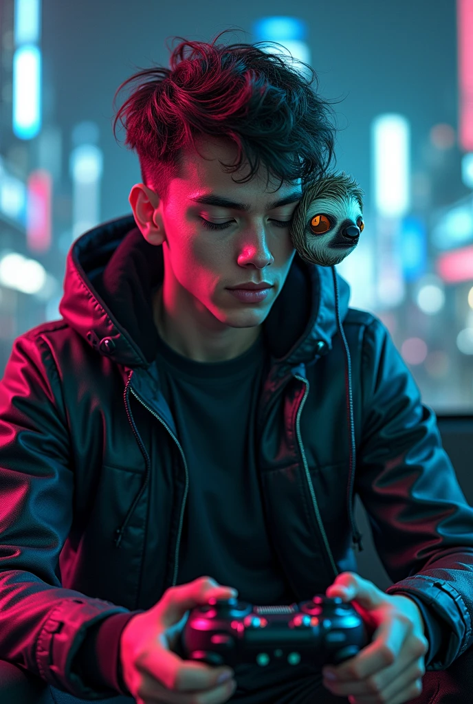 Male Character with cyberpunk outfit and mask of sloth on the side of face playing video games