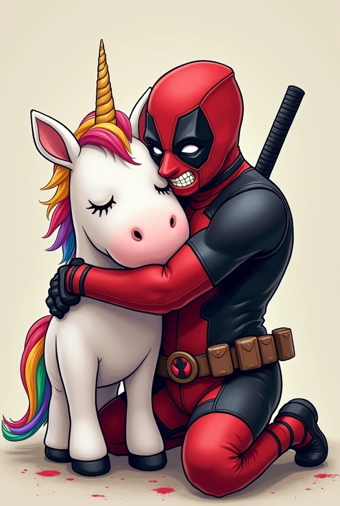 Deadpool hugging a unicorn plush with a silly look 