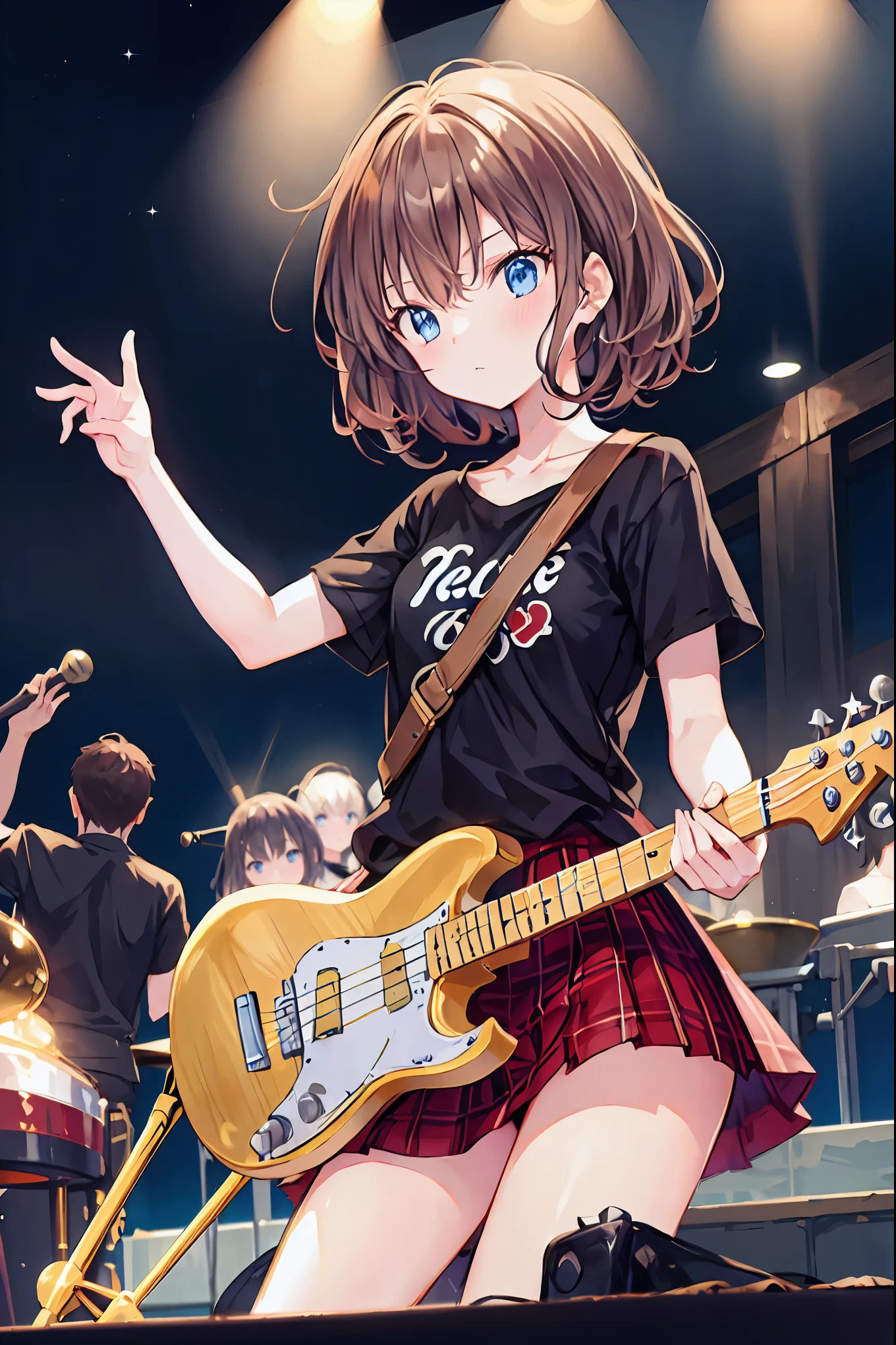 Brown Hair，Shortcuts，Messy Hair，Slender beauty，A dignified posture，Small chest，Beautiful feet，Her captivating grey-blue eyes shine like stars，，Highest quality、masterpiece、Anime Girls、Brass band club、base、bassist、Serious face、Upper Body，Plain black and red t-shirt、Tight Skirt，The bright lights of a live music venue、Band members can be seen