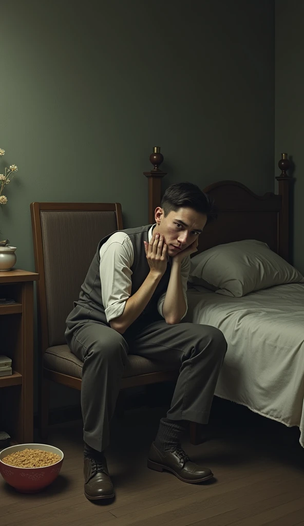 A young man dressed in early 20th-century clothing is shown slumped in a chair or lying on a bed, appearing extremely weak and fatigued. His posture should be hunched, and his face should show clear signs of exhaustion, such as pale skin and dark circles under his eyes. The room is minimally furnished, reflecting the period style, and a bowl of Kellogg’s cereal sits nearby, hinting at the supposed remedy. The lighting should be soft and shadowed, enhancing the sense of weakness and fatigue.