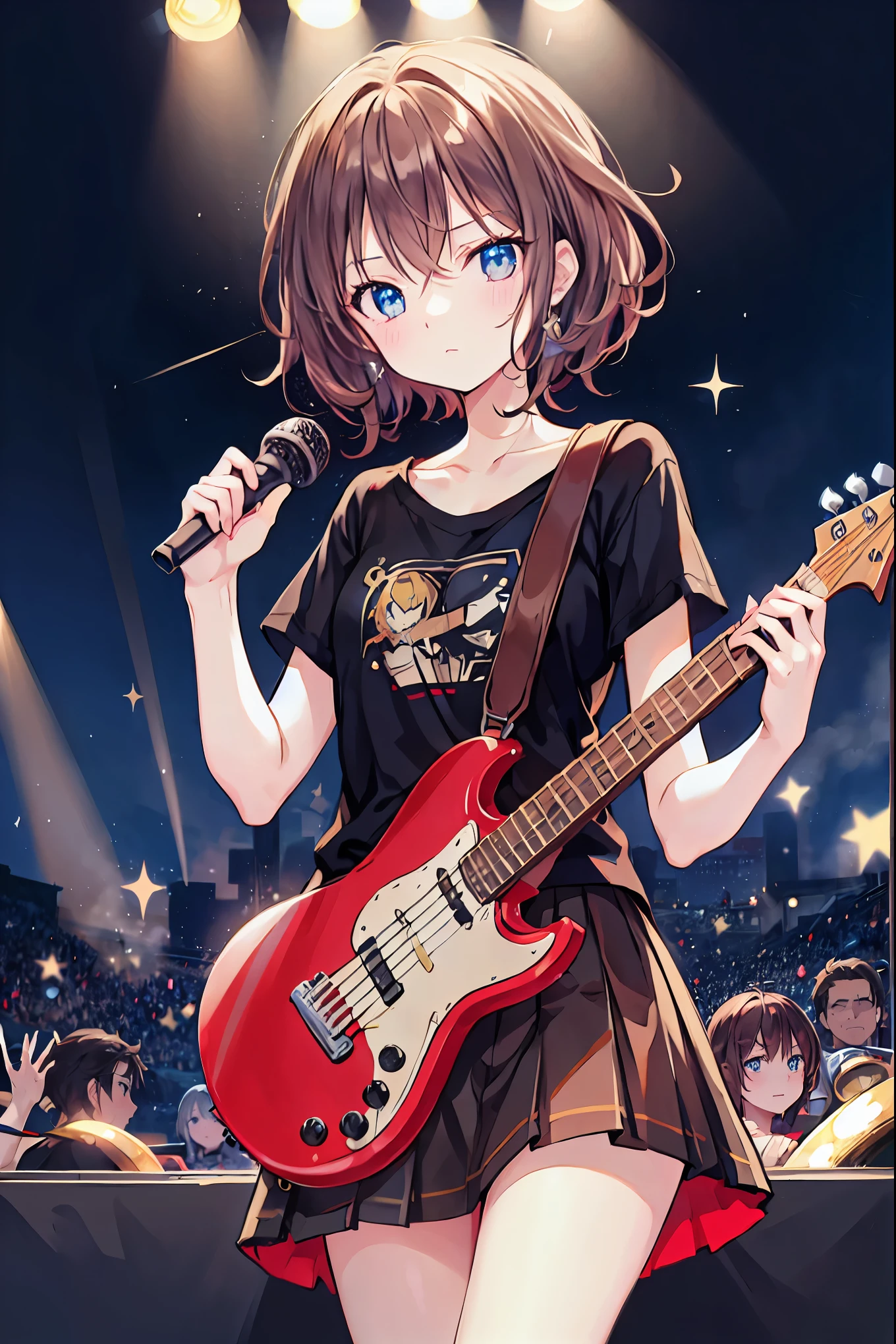 Brown Hair,Shortcuts,Messy Hair,Slender beauty,A dignified posture,Small chest,Beautiful feet,Her captivating grey-blue eyes shine like stars,,Highest quality、masterpiece、Anime Girls、Brass band club、base、bassist、Serious face、Upper Body,Plain black and red t-shirt、Tight Skirt,The bright lights of a live music venue、Band members can be seen