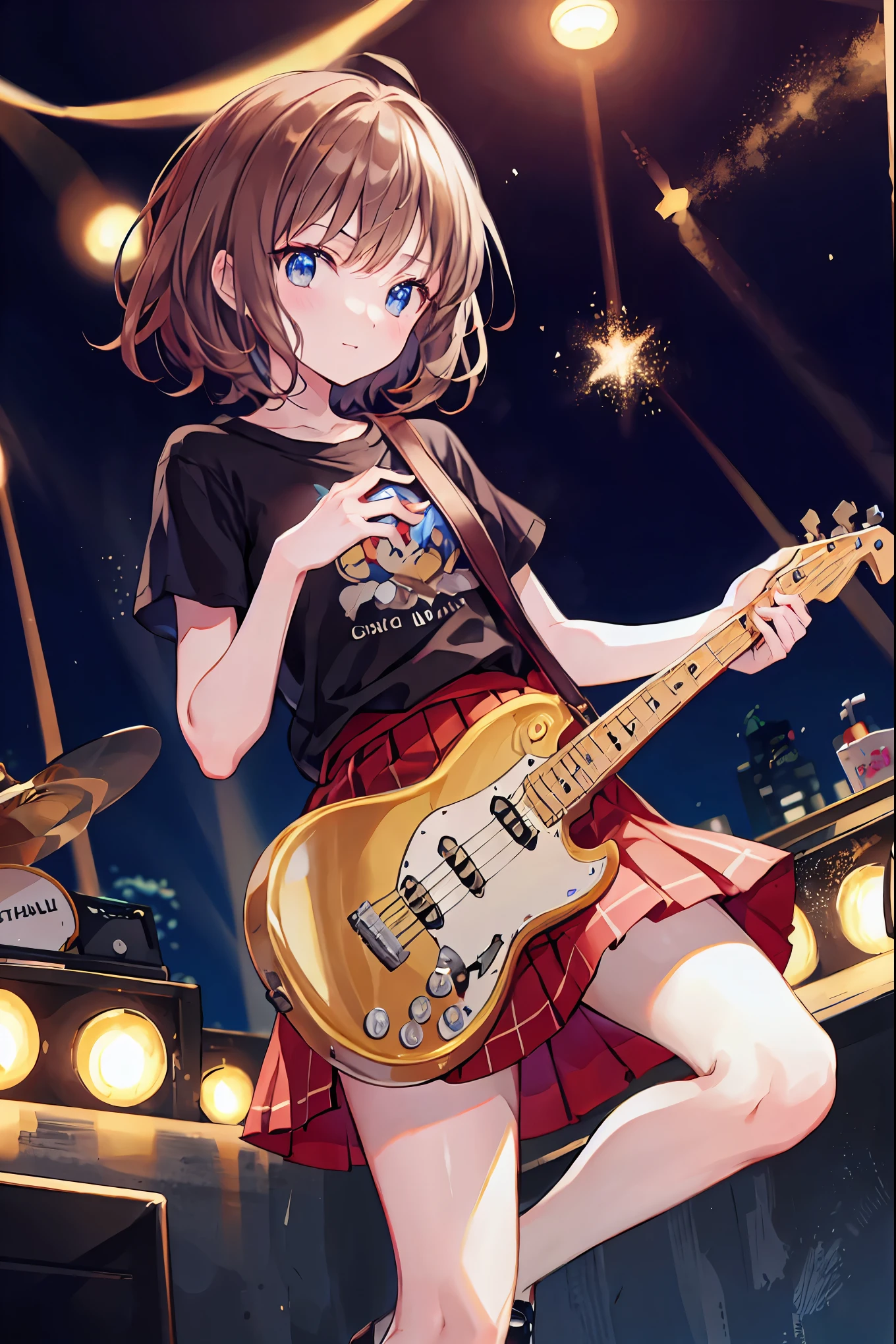 Brown Hair,Shortcuts,Messy Hair,Slender beauty,A dignified posture,Small chest,Beautiful feet,Her captivating grey-blue eyes shine like stars,,Highest quality、masterpiece、Anime Girls、Brass band club、base、bassist、Serious face、Upper Body,Plain black and red t-shirt、Tight Skirt,The bright lights of a live music venue、Band members can be seen
