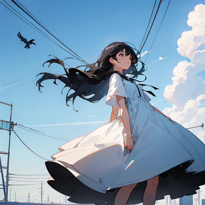 A girl with shiny black hair, wearing a pure white dress, looking up, blue sky, lots of electric wires, pylons, crows, wind, sunlight, loneliness