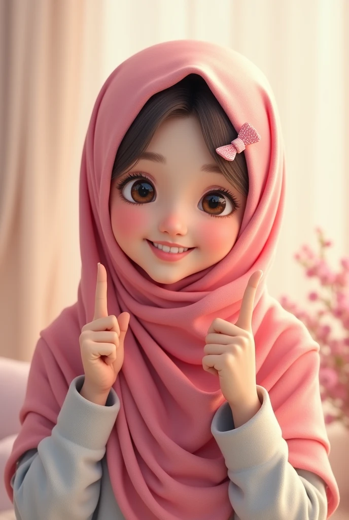 Cute hijabi girl smiling and posing two fingers on photos with pink scarf and bow hairpin