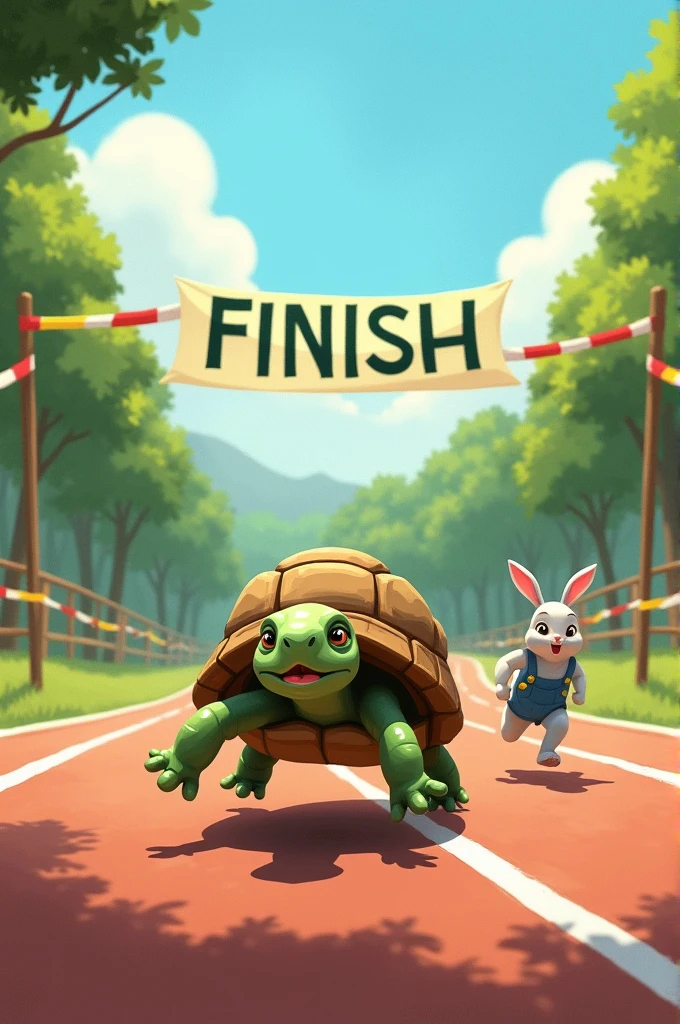 The turtle crosses the finish line with the rabbit running behind.