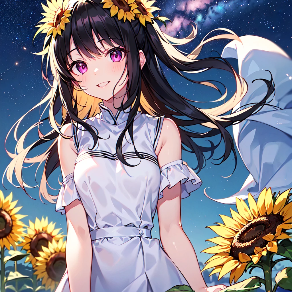 masterpiece, best quality, high quality, extremely detailed, very delicate and beautiful, (1 female 1 solo:1.5), (long black hair with two side up:1.5), bangs to eyebrows, eyes sharp and bright (eye color magenta:1.3), 6.5 head height, (sunflower print fashion:1.3), (knee socks), ruffles, lace, (standing), (dynamic pose), (smiling), (background sunflower field:1.3),(Milky Way Night Sky:1.3), (upper body:1.3)