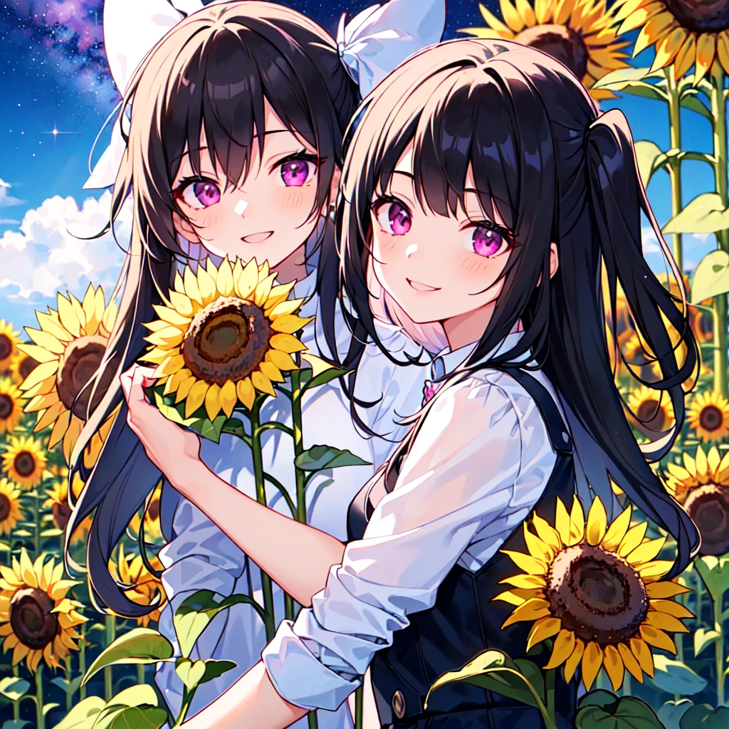masterpiece, best quality, high quality, extremely detailed, very delicate and beautiful, (1 female 1 solo:1.5), (long black hair with two side up:1.5), bangs to eyebrows, eyes sharp and bright (eye color magenta:1.3), 6.5 head height, (sunflower print fashion:1.3), (knee socks), ruffles, lace, (standing), (dynamic pose), (smiling), (background sunflower field:1.3),(Milky Way Night Sky:1.3), (upper body:1.3)