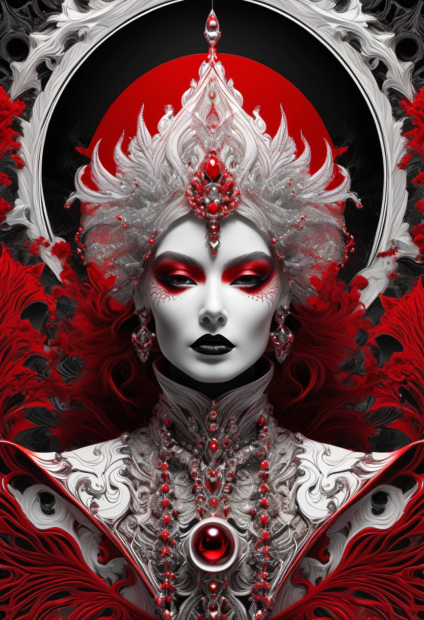 White Reaper, HarlequinPunk, Jaehra, panjang penuh + Black paper with intricate and vibrant red line work::2 Tarot card::2 Mandelbulb fractal + Full of silver layers + Portrait + Trending on Artstation + Incredible Black and red gothic