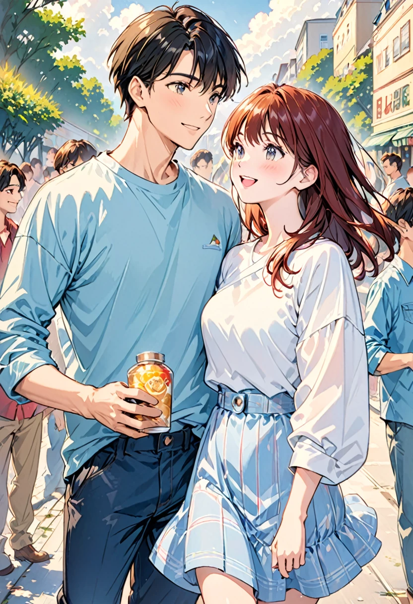 Depiction of a happy couple、Stylish style、Casual Outfits、daily、Used in film packaging、A scene from a movie、1Girl、1boy、Close-up of two people、Skinship