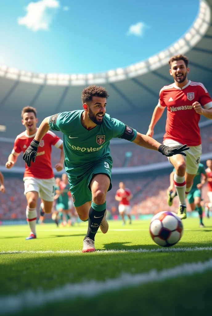 Football players from both teams are running around the edge of the field, laughing and passing each other. The goalkeeper is trying to catch a ball while running