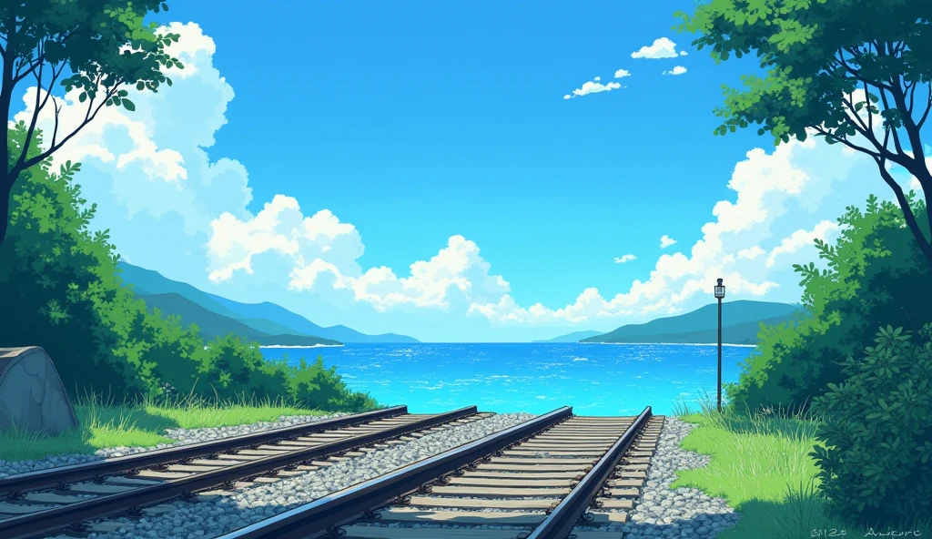 illustrated by makoto shinkai anime, pen and ink., beautiful colors, attention to detail, blue, green and teal. Cinematic.Stylish.Light and shadow.Railroad crossing.The sea. Japanese summer scenery.