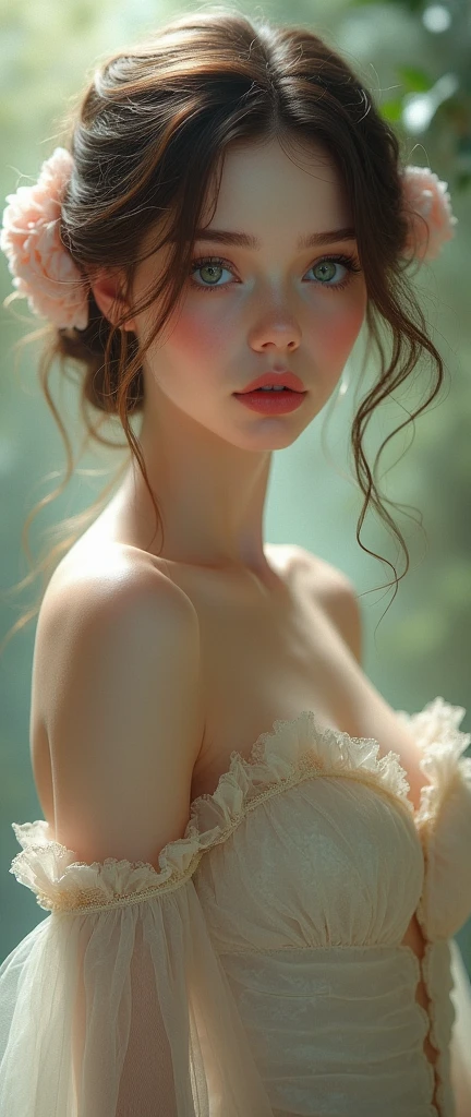 8k beautiful Irish ((13 year old)) girl with brown hair, freckles, ((pale skin)), intricate, elegant, highly detailed, majestic, digital photography, athletic, bridal veil, ((naked)), small breasts, (masterpiece, sidelighting, finely detailed beautiful eyes: 1.2), hdr, in the woods