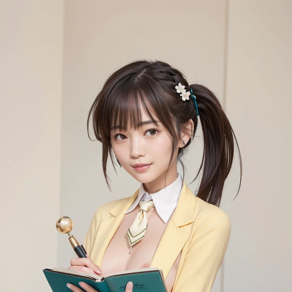 (best quality:1.5), (masterpiece:1.5), (Realistic:1.5), ((Portrait)), very detailed, high resolution, 8k, cute Japanese woman, cute 2 beauty, (medium breasts), thin lips, detailed face, Beautiful and elegant face, cute face, natural bangs, arched eyebrows, well-groomed eyebrows, (big eyes with a good balance between the left and right sides), cute eyes, beautiful eyes, beautiful thin nose, beautiful face line, (beautiful skin), medium Hair, (natural bangs), (Gentle smile), smooth skin skin, fair skin, (Natural Light:0.8), (lighting forward:0.8), (lighting front:0.8), (Flat lighting:0.8), cute smile, Detailed fingers, beautiful hands, (round face:1.4), (Beautiful cleavage), ((naked:1.5)), White Wallpaper, Wear a jacket over your outerwear without any clothing, Notebook, ballpoint pen, necktie, Hair accessories, hairpins,