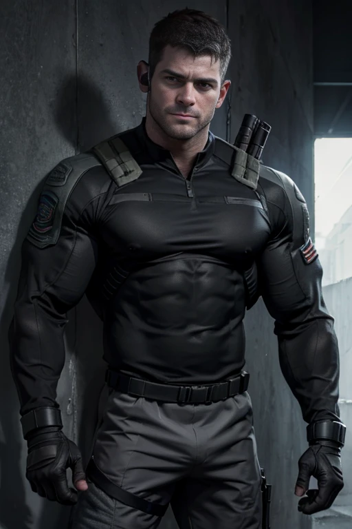1 man, solo, 3, Chris Redfield, wearing a grey T-shirt, smirks, stubbles, looking at the camera, black color on the shoulder and a bsaa logo on the shoulder, military tactical suit, equipment, tall and hunk, biceps, abs, chest, best quality, masterpiece, high resolution:1.2, upper body shot, dark black gloomy hallway with not background