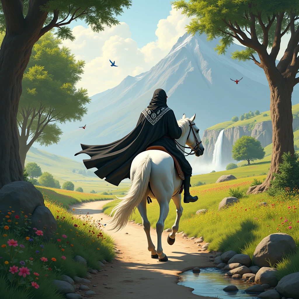 ### Central Figure: Cabuliwala
- **Positioning**: The Cabuliwala, dressed in a black cloak with white accents, is riding a white horse. He should be positioned centrally, facing away from the viewer, with the horse in mid-gallop to convey motion.
- **Appearance**: The Cabuliwala’s black cloak should be flowing, with rich textures and intricate white patterns. The cloak should cover him completely, with only the edges of a white garment underneath visible. The sword should be sheathed at his side or held in his hand, detailed to reflect its importance.
- **Horse**: The horse is white, and it should be depicted in mid-gallop to emphasize speed. Ensure the horse’s mane and tail are flowing to match the sense of motion.

### Background Elements
#### A. Road
- **Description**: A narrow, uneven path running from the foreground to the background, with a rough, gravelly texture.

#### B. Vegetation
- **Position**: Trees with vibrant green leaves and blooming flowers (reds, yellows, purples, and blues) on one side of the road.

#### C. Stream
- **Location**: Opposite the trees, with a clear stream having visible rocks and gentle water movement.

#### D. Field
- **Placement**: Beyond the stream, a lush green field with tall grass and wildflowers.

#### E. Mountains and Waterfall
- **Location**: In the distance, with a prominent mountain and a dynamic waterfall cascading down its side. The waterfall should have a misty effect at the base.

### Birds
- **Types and Colors**: Small, colorful lovebirds flying and perched on tree branches.

### Final Notes
- **Lighting and Atmosphere**: Use soft, golden light for a serene effect. Shadows should add depth, particularly around the Cabuliwala and the terrain.
- **Color Palette**: Ensure the black and white cloak stands out against the natural elements, with a harmonious color palette for the background.