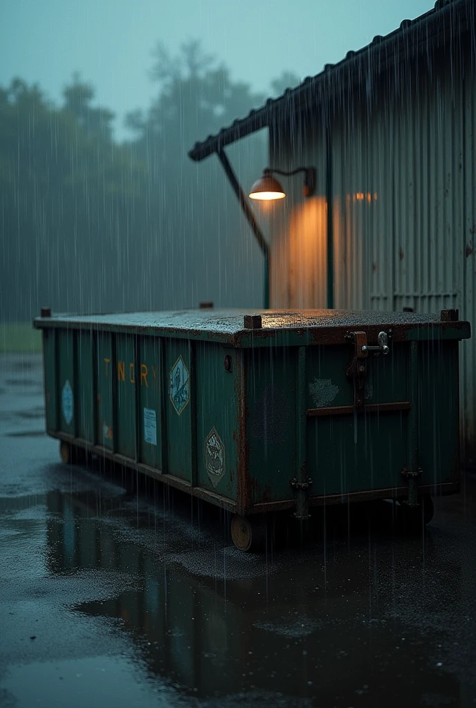 Create a rainy day in a dumpster with no one to see the raindrops