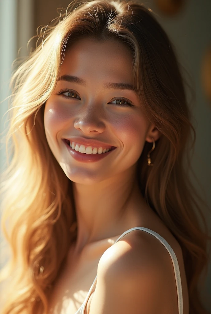 beautiful girl:

"She is a vision of loveliness, with a radiant smile that lights up the room. Her sparkling eyes, like sapphires shining bright, dance with warmth and kindness. Her long, luscious hair cascades down her back like a golden waterfall, framing her heart-shaped face and accentuating her porcelain skin. Her delicate features, finely chiseled, create a masterpiece of elegance and refinement. Her full lips, painted with a soft pink hue, curve int