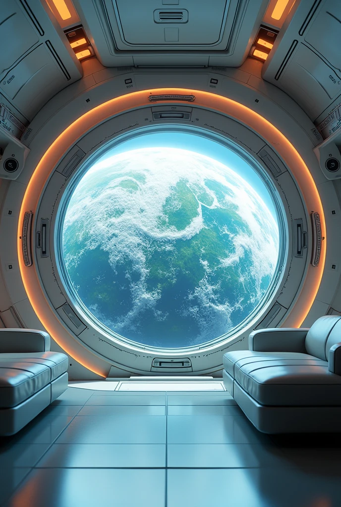 (photorealism:1.2), 16:9, Space, cabin, large porthole, Earth