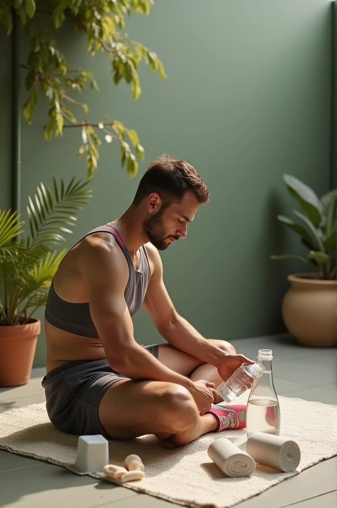 Peux-tu me réaliser une photo représentant la récupération après le sport cette photo doit montrer les aspects importants après avoir fait du sport entre la récupération, l’hydratation, les étirements