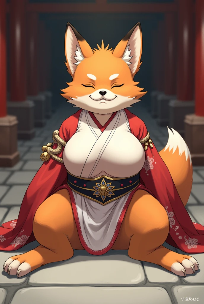 Fox ((furry human)) Super big breasts shrine , Shrine maiden costume  , sitting upright Active personality Leg spread  ,absurdres,hires,ultra detailed Always with eyes closed The body of an elementary school student except for the chest Add fox features to the face sex