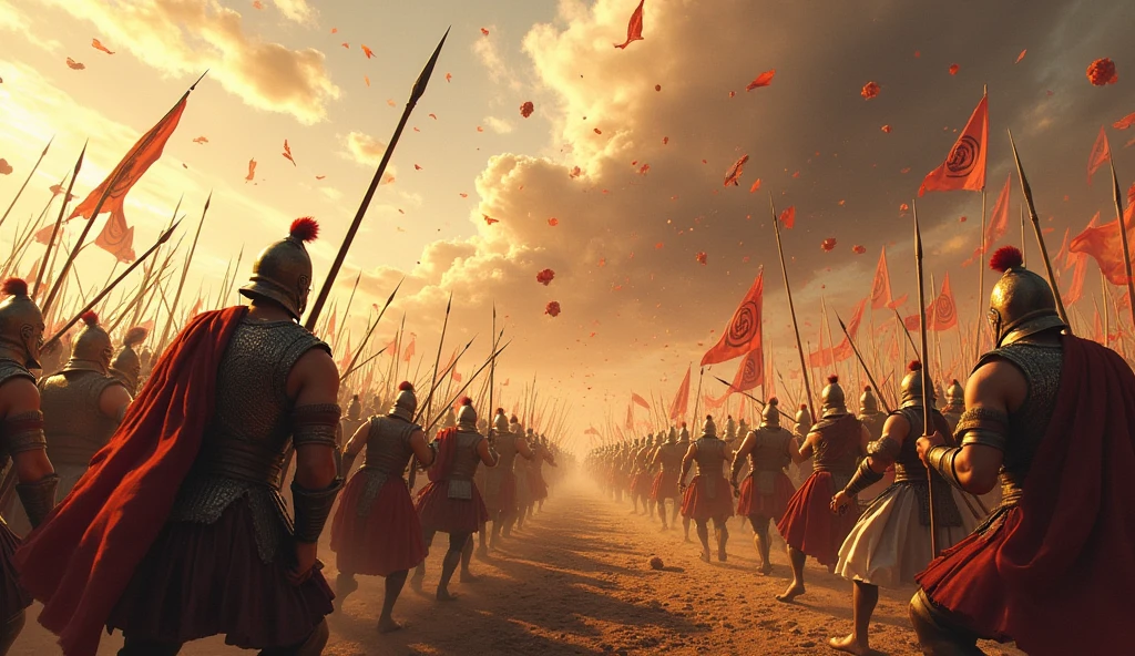 एक विशाल युद्धक्षेत्र जिसमें कौरव और पांडव सेना आमने-सामने लड़ रही हैं, आकाश में तीर और अस्त्र बिखरे हुए हैं।