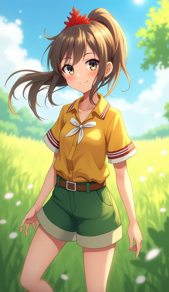 masterpiece, Best quality, a high resolution, serene 1, 1 girl, serene 1, 1 girl, serene (Pokemon), One, grey eyes, White hair, green shorts, red tiara, shirt, tied shirt,, Short sleeves, shorts, stripes, yellow shirt, belt, Middle Class Shooting, grass, field, smile, standing,Brown hair, Ponytail, beautiful rainbow background, there is a light fog on the floor