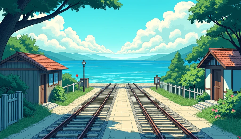 illustrated by gibli studio anime, pen and ink., beautiful colors, attention to detail, blue, green and teal. Cinematic.Stylish.Light and shadow.Railroad crossing.The sea. Japanese summer scenery.