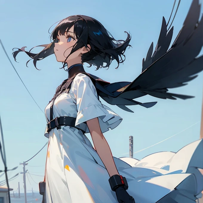 A girl with shiny black hair, wearing a pure white dress, looking up, blue sky, lots of electric wires, pylons, crows, wind, sunlight, loneliness