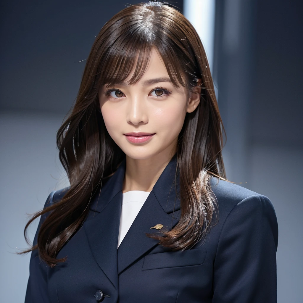 (Highest quality、Tabletop、8k、Best image quality、Award-winning works)、1 Beautiful Office Lady、Straight medium hair、(A woman in a perfect navy business suit:1.5)、Polyester shirt、(Big Breasts:1.1)、Accentuate your body lines、(The simplest solid color background:1.1)、(Perfectly fixed in front:1.2)、(A perfect depiction of a woman from the side and the front:1.2)、Beautiful and detailed、Look at me and smile、(Face close-up:1.3)、(Look at me straight in the face:1.1)、Elegant makeup、Ultra-high definition beauty face、Ultra HD Hair、Ultra-high definition sparkling eyes、Ultra-high quality glossy lips、Accurate anatomy、Very beautiful skin、Ultra-high definition, radiant skin、An elegant upright posture when viewed from the front