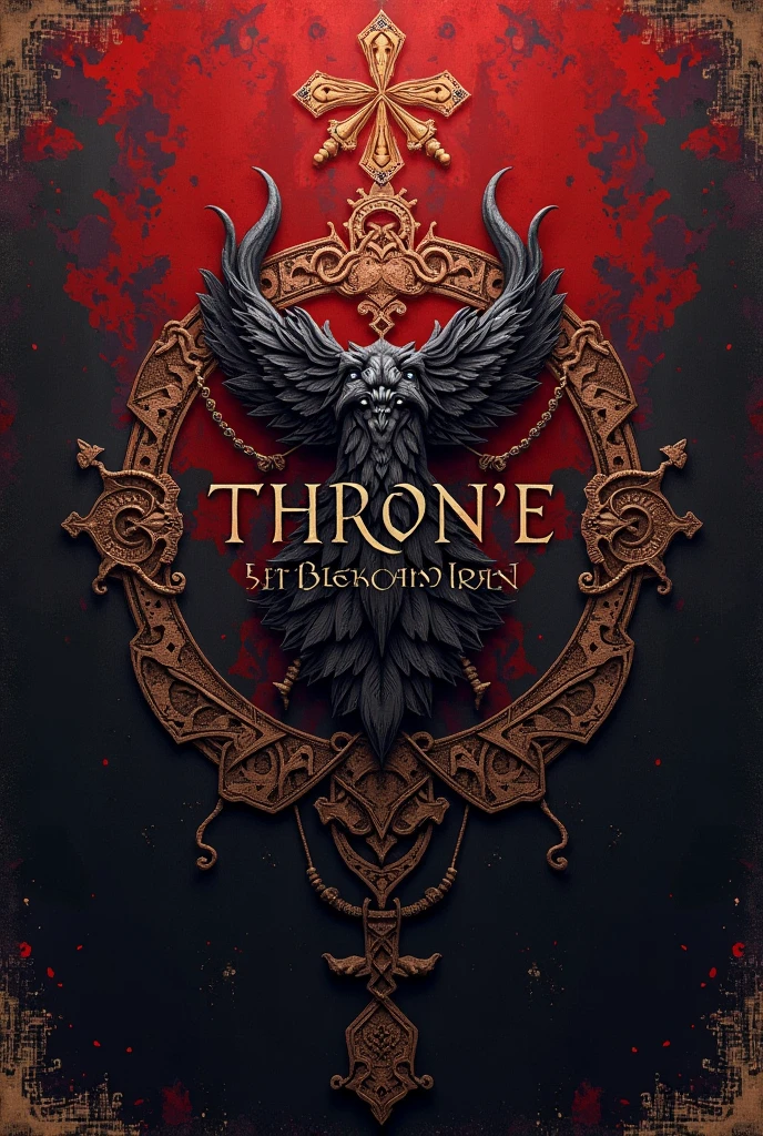 A cover, that has Viking symbols and the text “thrones of blood and iron”