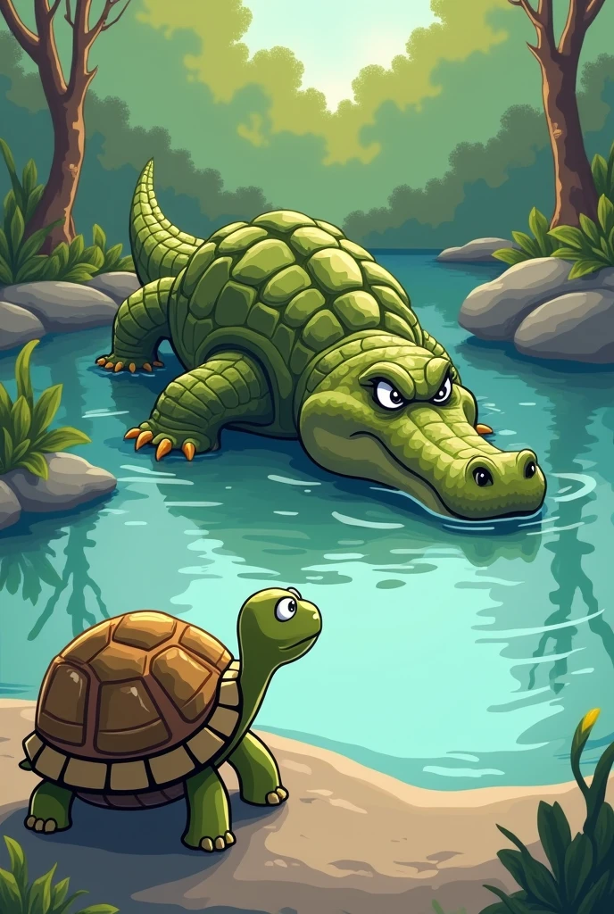 The tortoise is watching the big and angry crocodile go away in pond in 2d cartoon
