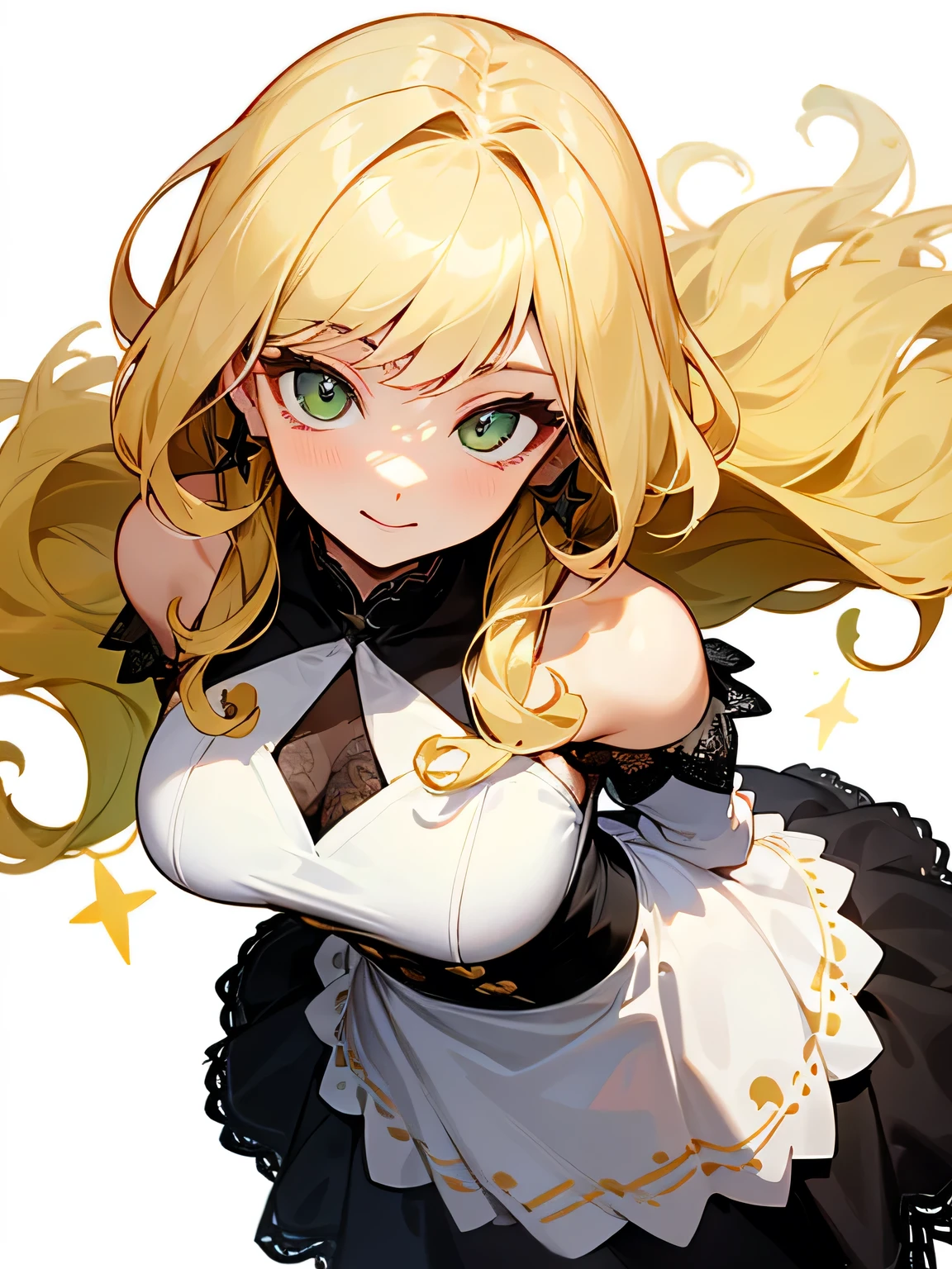 (from above:1.3),(looking at viewer:1.2),solo, upperbody,2, blonde curly long hair, lime green eyes, Russian, pure smile, (stylish model pose),(offshoulder),(white sexy givenchy Lace-updress),(I am the star):1.2, white simple background,
