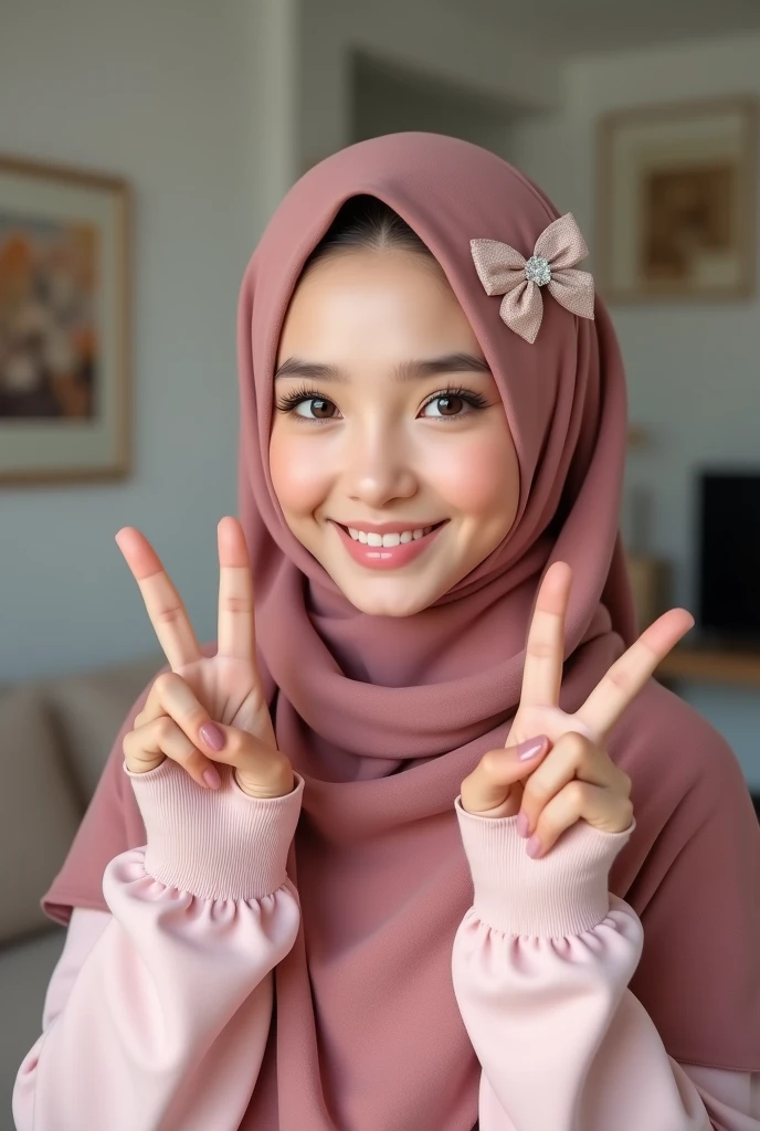 Cute hijabi girl smiling and posing two fingers on photos with pink scarf and bow hairpin in reality look real looks uzbek appearance at home 