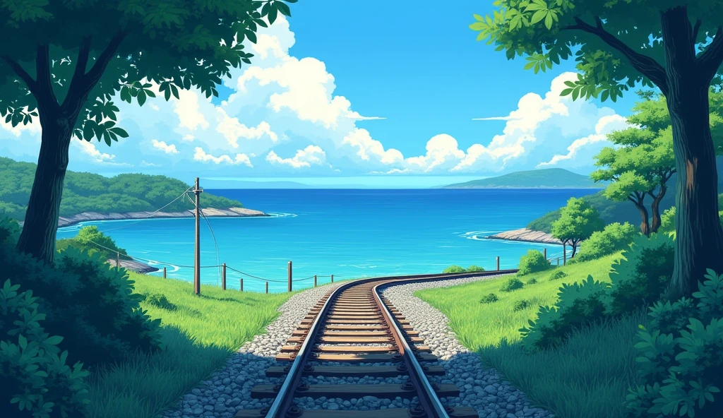 illustrated by gibli studio anime, beautiful colors, attention to detail, blue, green and teal. Cinematic.Stylish.Light and shadow.Railroad crossing.The sea. Japanese summer scenery.