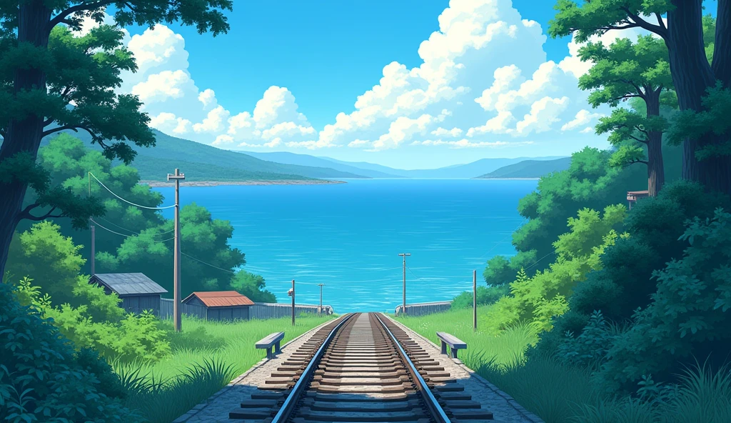 illustrated by gibli studio anime, beautiful colors, attention to detail, blue, green and teal. Cinematic.Stylish.Light and shadow.Railroad crossing.The sea. Japanese summer scenery.