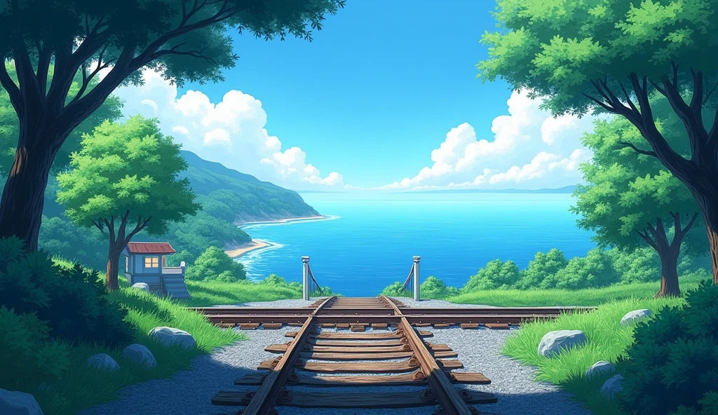 illustrated by gibli studio anime, beautiful colors, attention to detail, blue, green and teal. Cinematic.Stylish.Light and shadow.Railroad crossing.The sea. Japanese summer scenery.