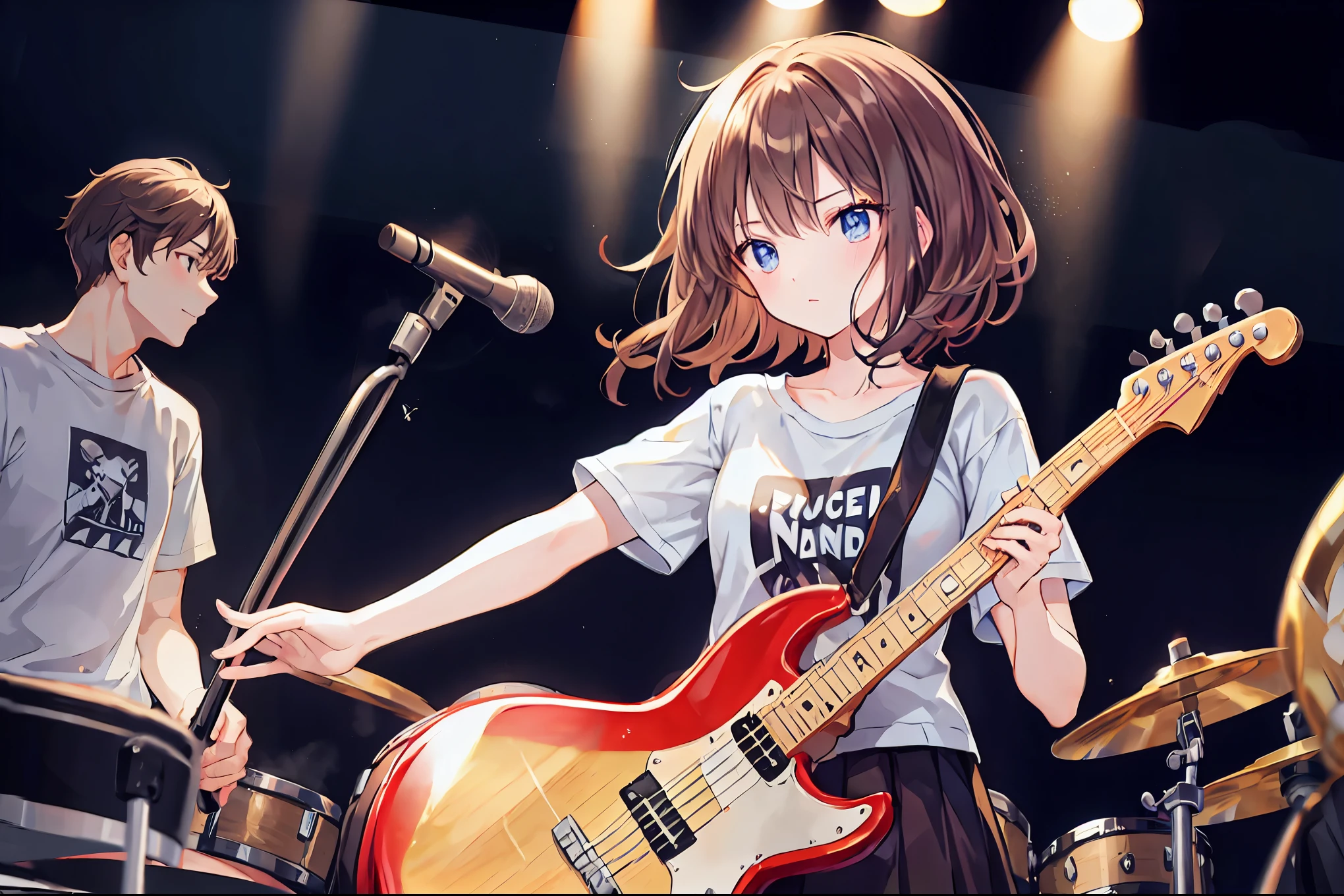 Brown Hair，Shortcuts，Messy Hair，Slender beauty，A dignified posture，，Beautiful feet，Her captivating grey-blue eyes shine like stars，，Highest quality、masterpiece、Anime Girls、Brass band club、base、bassist、Serious face、Upper Body，Plain black and red t-shirt、Tight Skirt，The bright lights of a live music venue、Band members can be seen