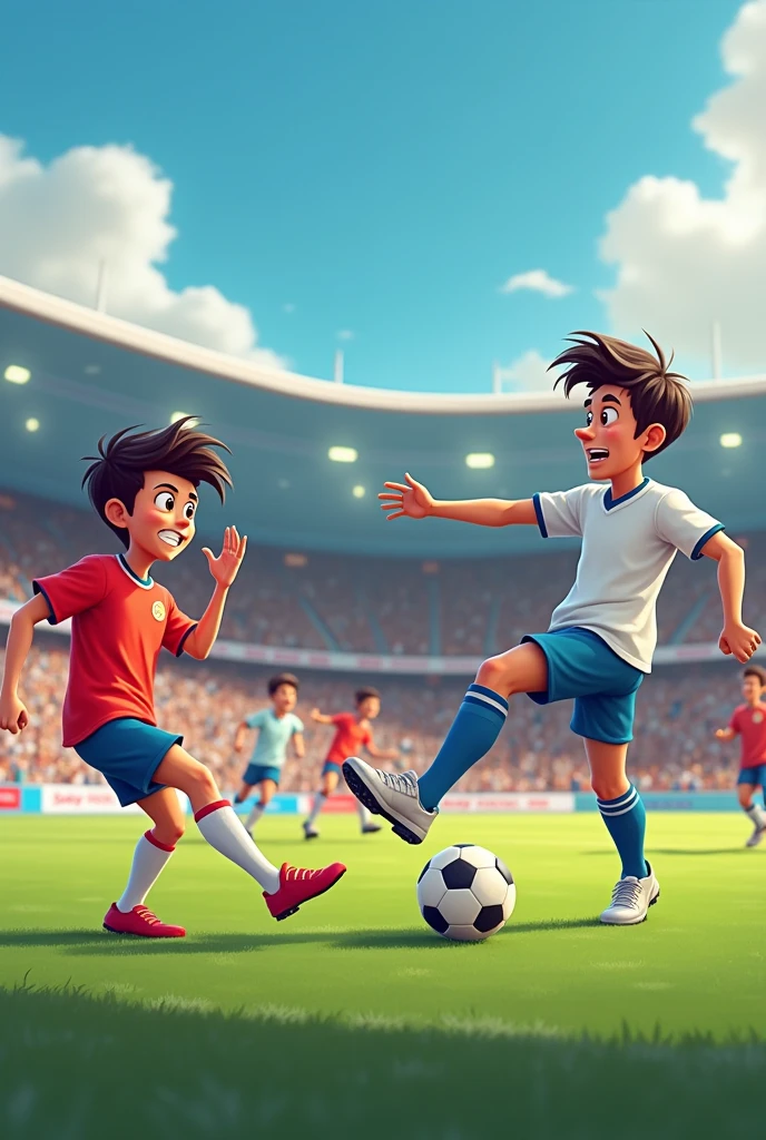 : A player, while trying to pass the ball, trips and sends it towards the coach. The coach, surprised, catches the ball and takes a shot at the goal, scoring a goal.