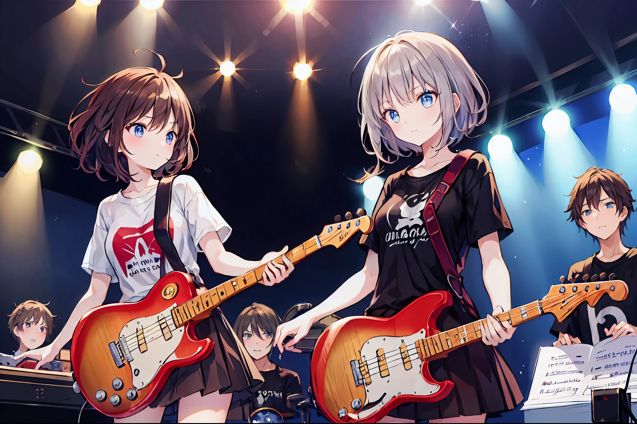 Brown Hair，Shortcuts，Messy Hair，Slender beauty，A dignified posture，，Beautiful feet，Her captivating grey-blue eyes shine like stars，，Highest quality、masterpiece、Anime Girls、Brass band club、base、bassist、Serious face、Upper Body，Plain black and red t-shirt、Tight Skirt，The bright lights of a live music venue、Band members can be seen