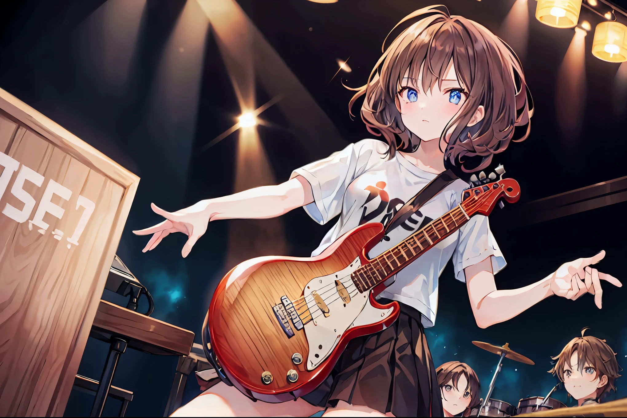 Brown Hair，Shortcuts，Messy Hair，Slender beauty，A dignified posture，，Beautiful feet，Her captivating grey-blue eyes shine like stars，，Highest quality、masterpiece、Anime Girls、Brass band club、base、bassist、Serious face、Upper Body，Plain black and red t-shirt、Tight Skirt，The bright lights of a live music venue、Band members can be seen