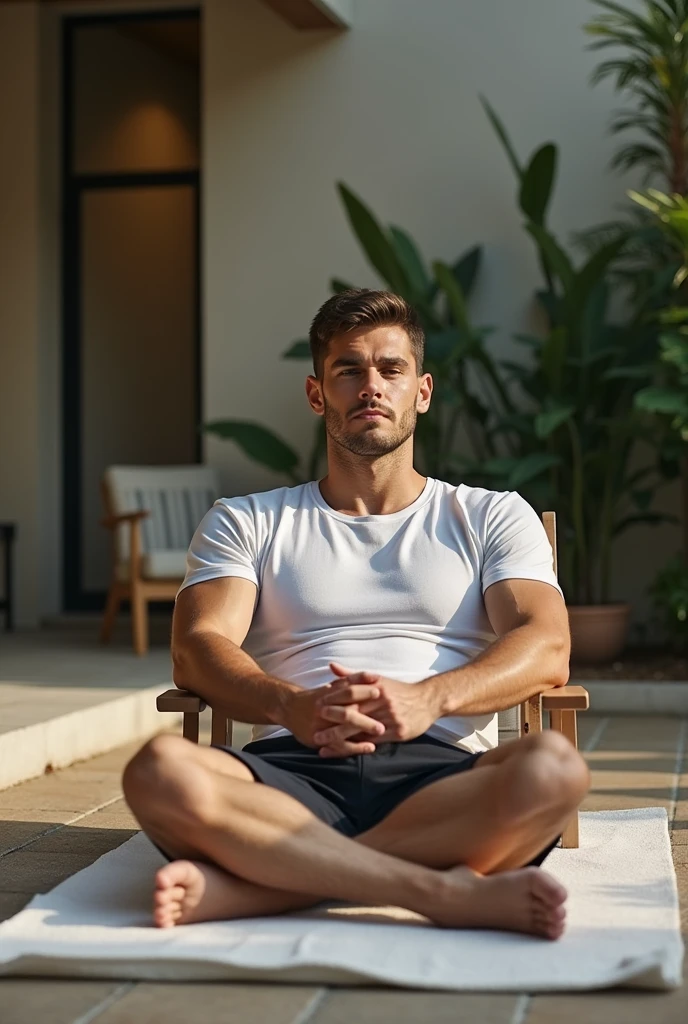 Peux-tu me réaliser une photo représentant la récupération après le sport cette photo doit montrer les aspects importants après avoir fait du sport entre la récupération, l’hydratation, les étirements peux-tu me refaire la même photo mais sur le personnage mets-lui un vrai T-shirt de sport