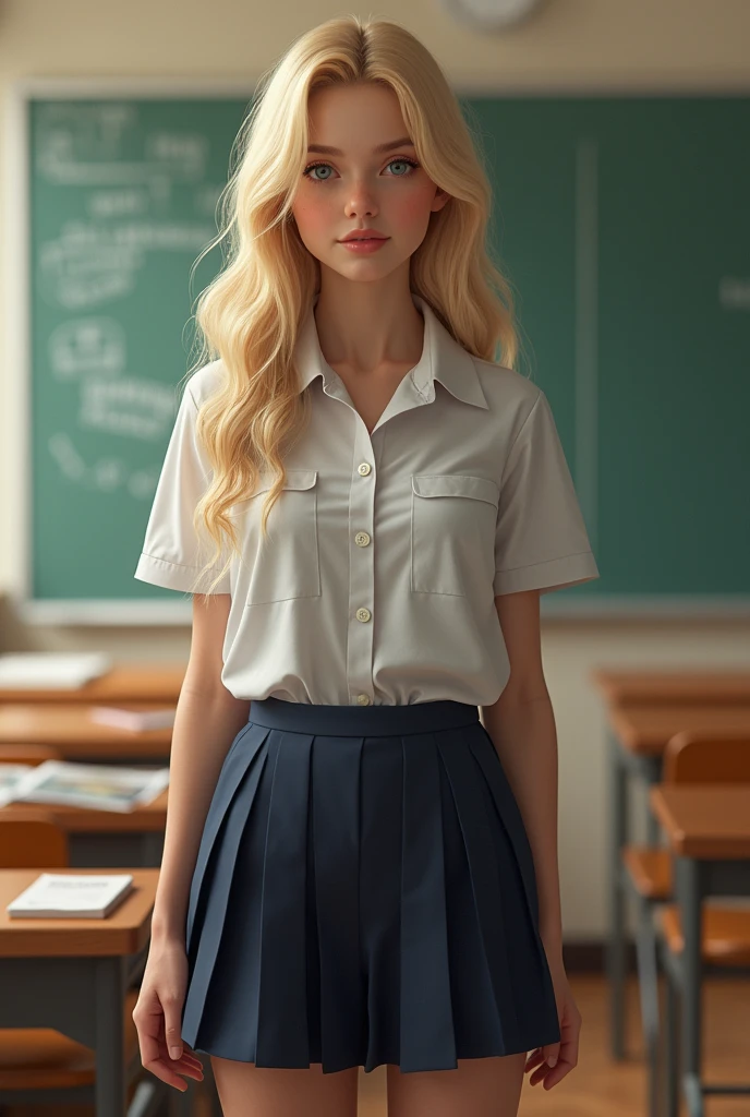 Beautiful ((White american girl))  girl, 12 yo, (white skin american girl), in stylish american school uniform, realistic photo, blonde hair, large breasts , standing and looking, american classroom,  detailed hands and face and eyes, full body, full body shot, 16k UHD
