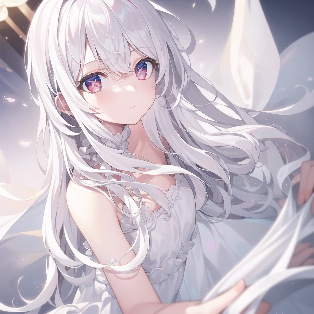 ((masterpiece, best quality))++, Detailed lighting+, Fine hair+, Detail Hand+ ,1 girl, miss, Neat long hair, Crimson eyes, beautiful eyes, Young white hair,,(Beautiful white hair:1.5),(Beautiful and delicate eyes), high resolution+,Glass tones, Reflective eyes, {{angle}} , Very detailed wallpaper, Original, Very beautiful CG,firefly,nature,