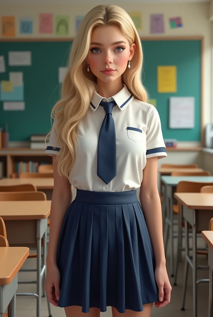 Beautiful ((White american girl))  girl, 12 yo, (white skin american girl), in stylish american school uniform, realistic photo, blonde hair, large breasts , standing and looking, american classroom,  detailed hands and face and eyes, full body, full body shot, 16k UHD
