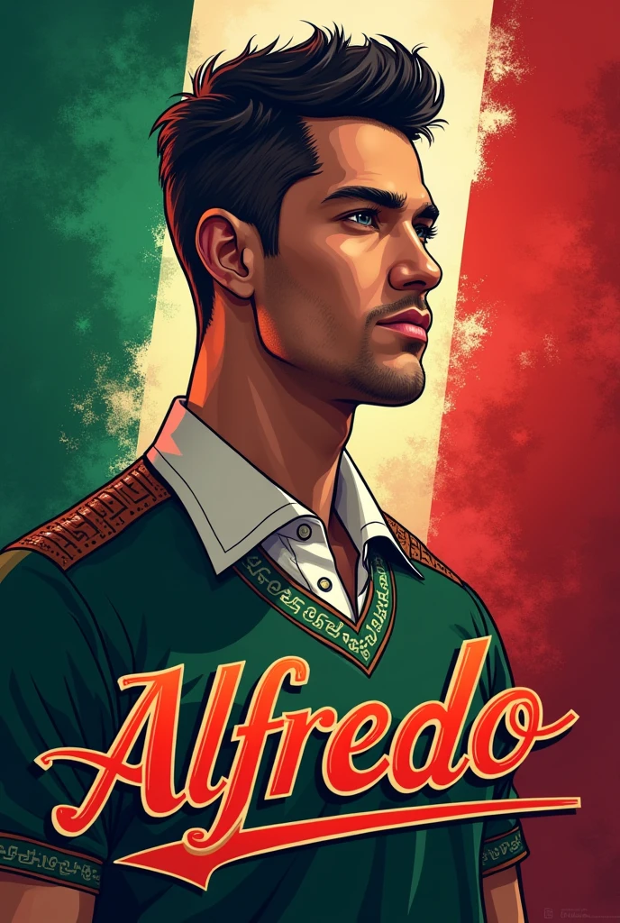 Make me an image to use as a profile picture that says Alfredo with a Mexican theme to use on national holidays, preferably using green, white and red colors. I want a manly style without a beard.