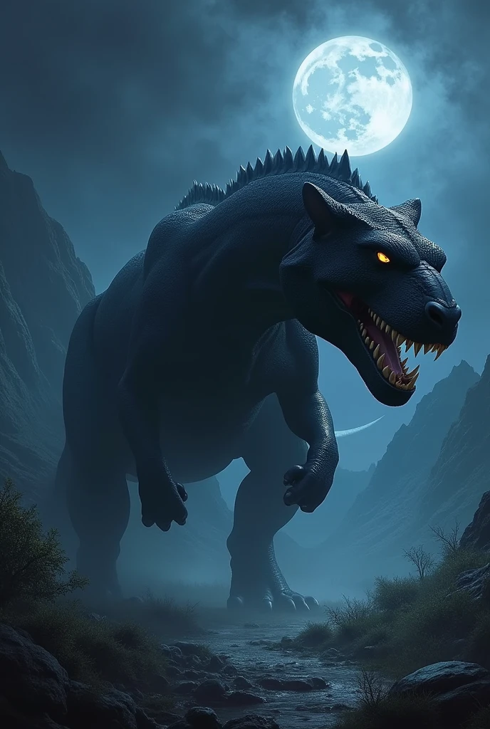 Combine dinosaur and black panther and form a mysterious monster looking big in side view in moon night