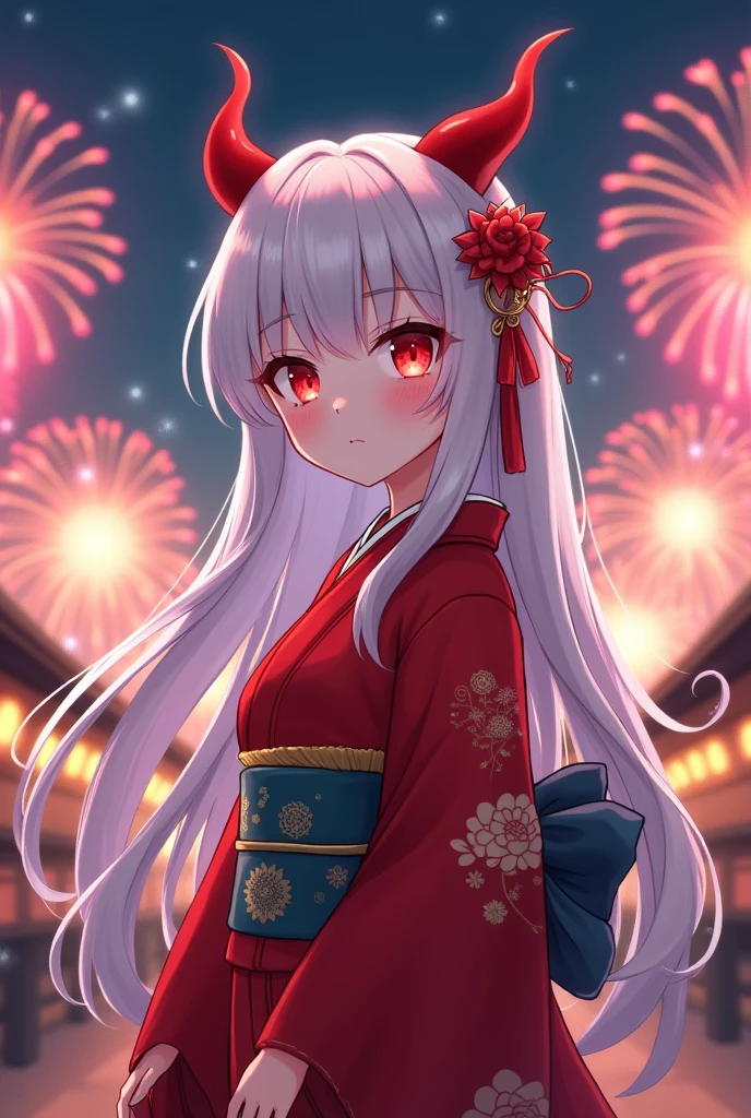 Anime girl, (masterpiece), best quality, expressive eyes, perfect face, cute devil, long white hair, red eyes, cute, wearing red kimono, no tail, no wings, cute face, human ears, at Japanese fireworks festival, wearing Japanese accessories on the right head, fireworks, nighttime
