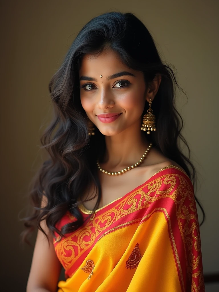 beautiful girl, wearing saree, cute girl, lusty smile, simple background